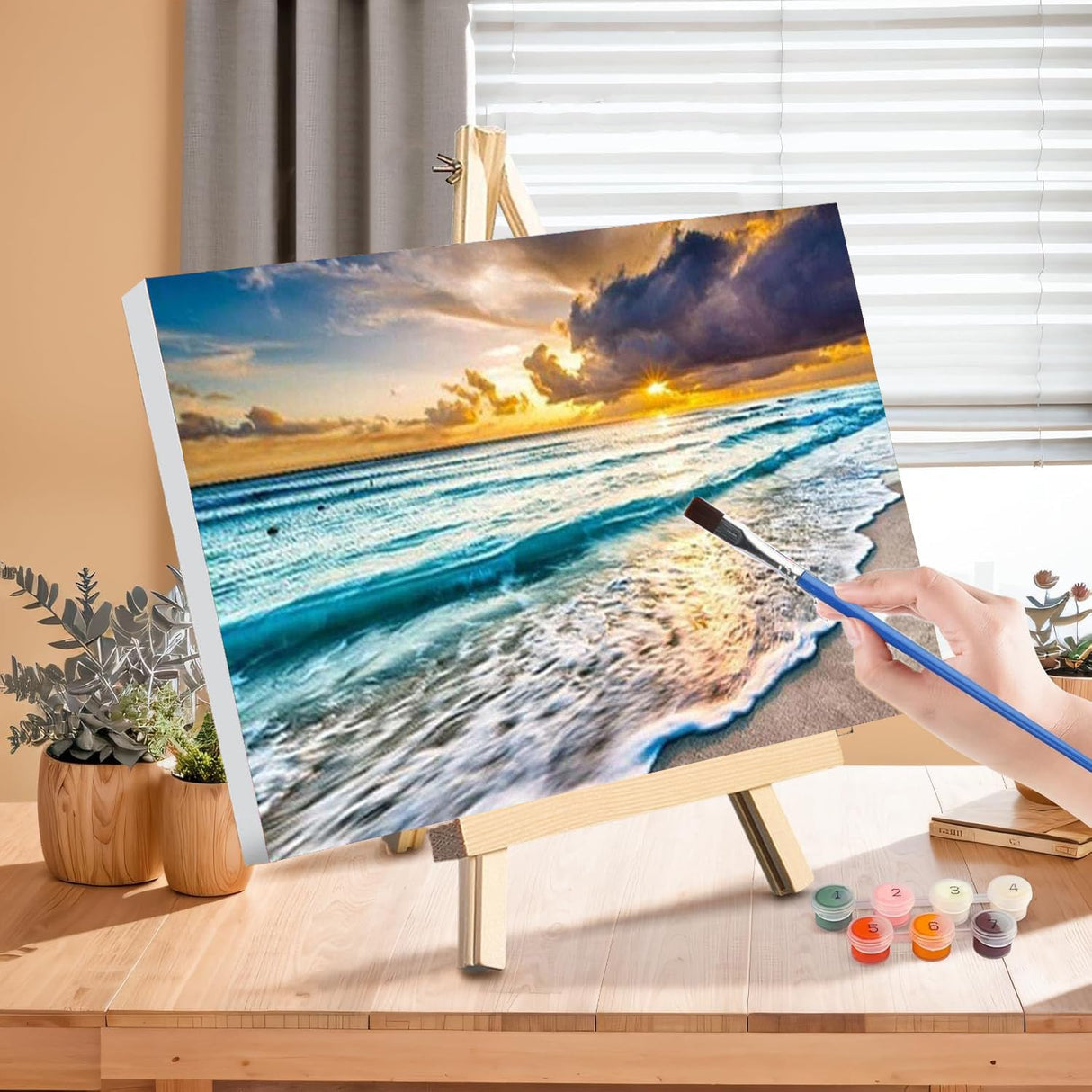 Beach Paint by Numbers for Adults with Framed Canvas-with Wooden Easel,Landscape Paint by Number on Canvas,DIY Acrylic Oil Painting Kits with Brushes Nice Gift Box for Home Wall Decor(16x20inch) xackcme