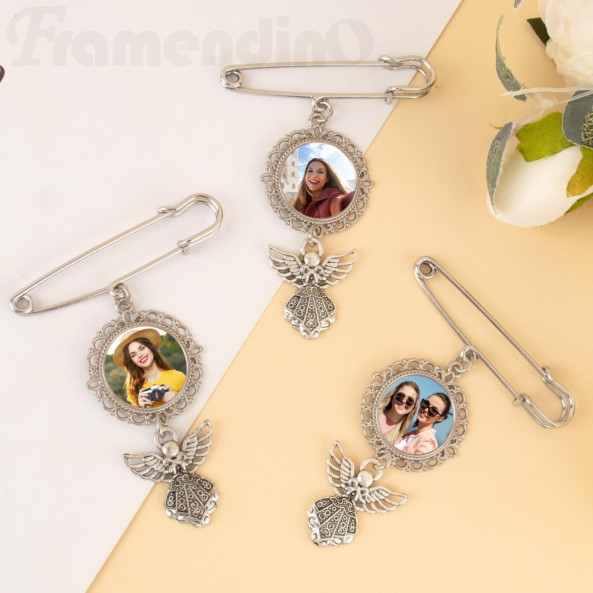Framendino, 4 Pack Sublimation Blank Bouquet Photo Charms Pin Pouch with Angel Pendant Wedding Memory Bridal Bouquet Picture Charm Clip Bouquet Memorial Charm DIY Jewelry Making 1 Sheet Round Framendino