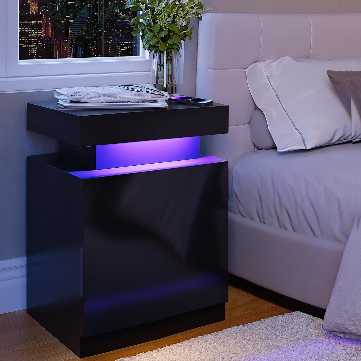 Breezestival 17" Nightstand with LED Lights Set of 2, Night Stand Bedside Table with Open Compartment, Modern End Side Table with Storage for Bedroom, Black Breezestival