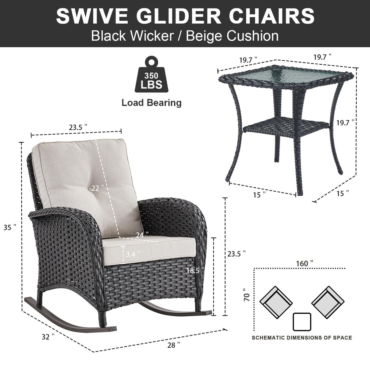 Belord Patio Rocking Chairs Wicker Set - Outdoor Rocking Chairs Set of 2 with Side Table, 3 Piece Patio Rocker Furniture Set with Water-Resistant Cushions for Porch Balcony Backyard Black Belord