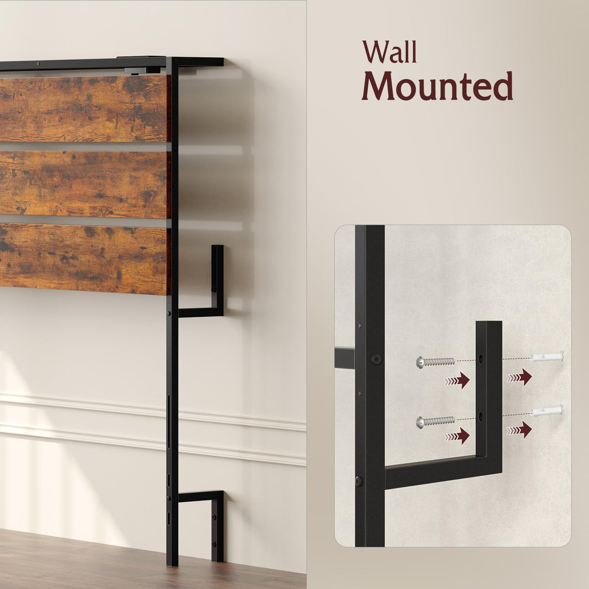 Tatub Queen Size Headboard Only, LED Wooden Headboard with 2 Charging Outlets, Rustic Flat Wood Panel Head Board Queen with Bed Frame Adjustable Adapter, Easy Assembly, Rustic Brown Tatub