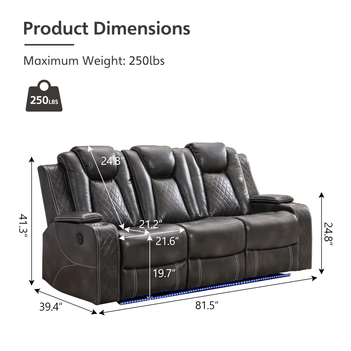 Power Reclining Sofa Couch with Wireless Charger, 3 Seaters with Recliner with Reading Light, Leather Electric 3 Seat Sofa Sectional Set for Living Room, Home Theater Seating with LED Lights, Grey Comfort Stretch