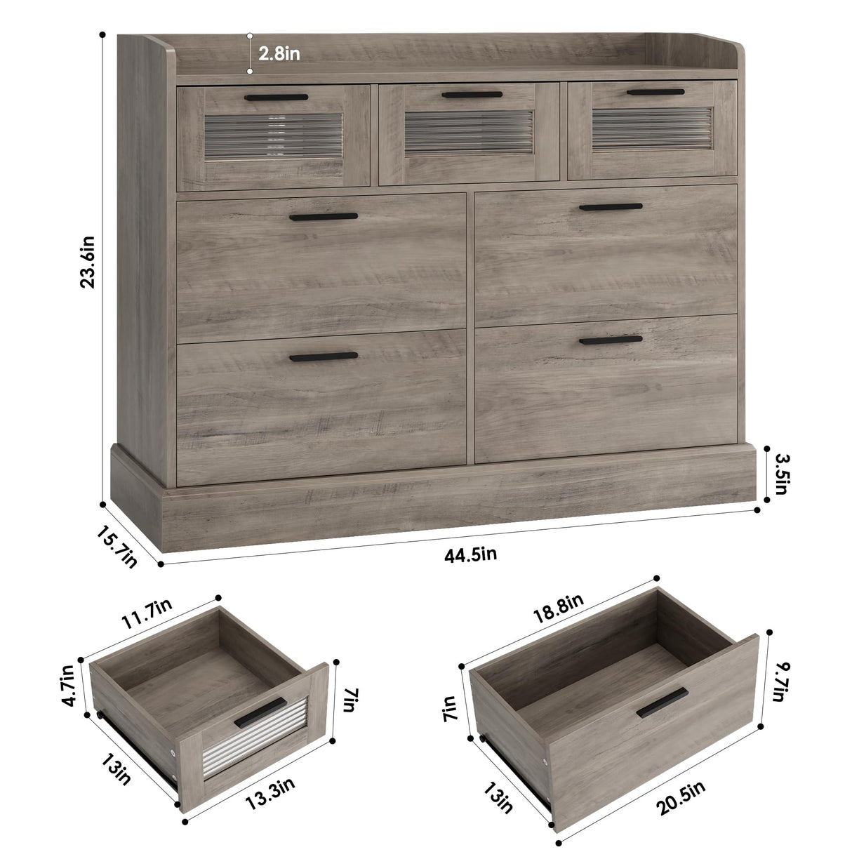 HOSTACK Modern 7 Drawer Double Dresser, Wide Chest of Drawers with Fence, Wood Storage Organizer with Metal Handle & Fluted Glass, Accent Storage Cabinet for Living Room, Entry, Ash Gray HOSTACK