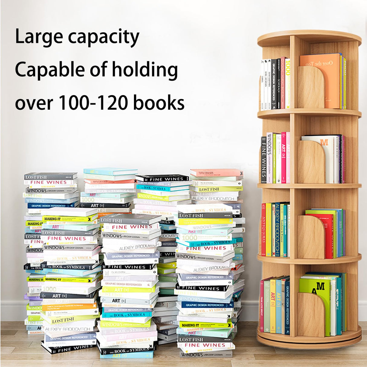 Feuusec 4-Tier Rotating Solid Wood Bookshelf Tower for Kids & Adults - Space-Saving Corner Display Bookcase Feuusec