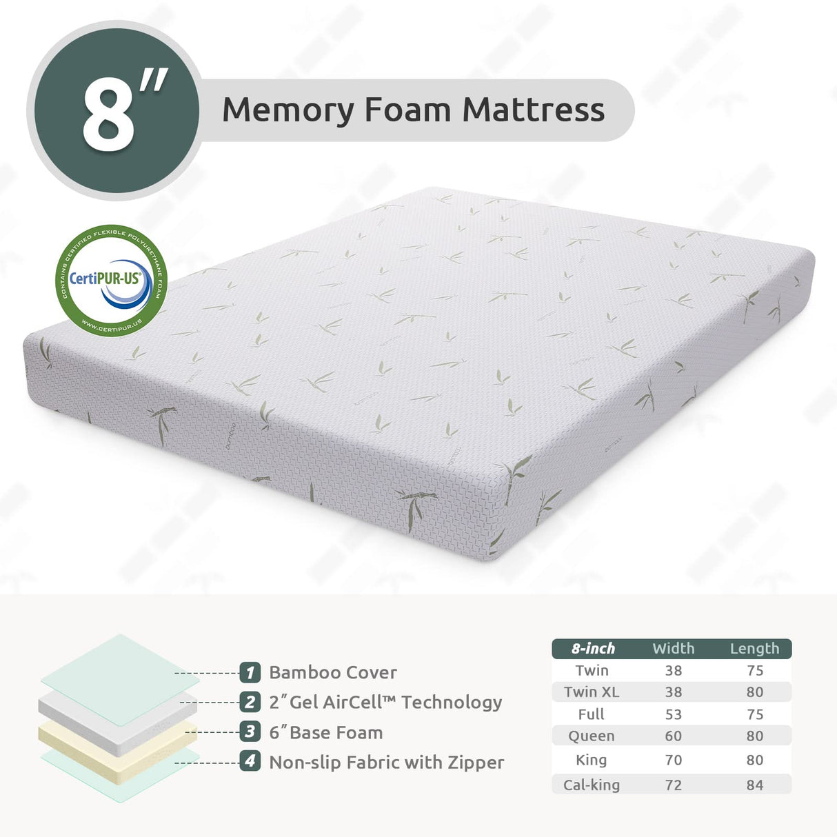 IULULU Queen Mattress in a Box, 8 Inch Memory Foam Mattress with Breathable Bamboo Cover, Green Tea Queen Size Mattress Made in USA for Cool Sleep, Medium Firm, CertiPUR-US Certified White IULULU