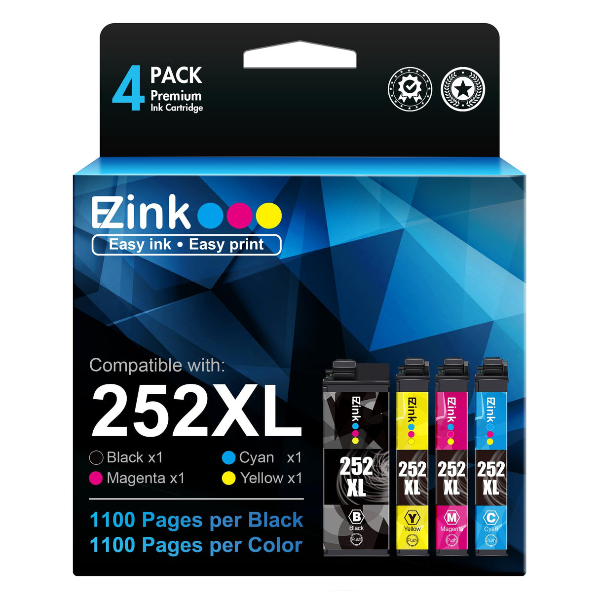 E-Z Ink (Remanufactured Ink Cartridge Replacement for Epson 252XL 252 XL T252XL120 to use with Workforce WF-7110 WF-7720 WF-7710 WF-3620 WF-3640 (1 Large Black, 1 Cyan, 1 Magenta, 1 Yellow) 4 Pack E-Z Ink