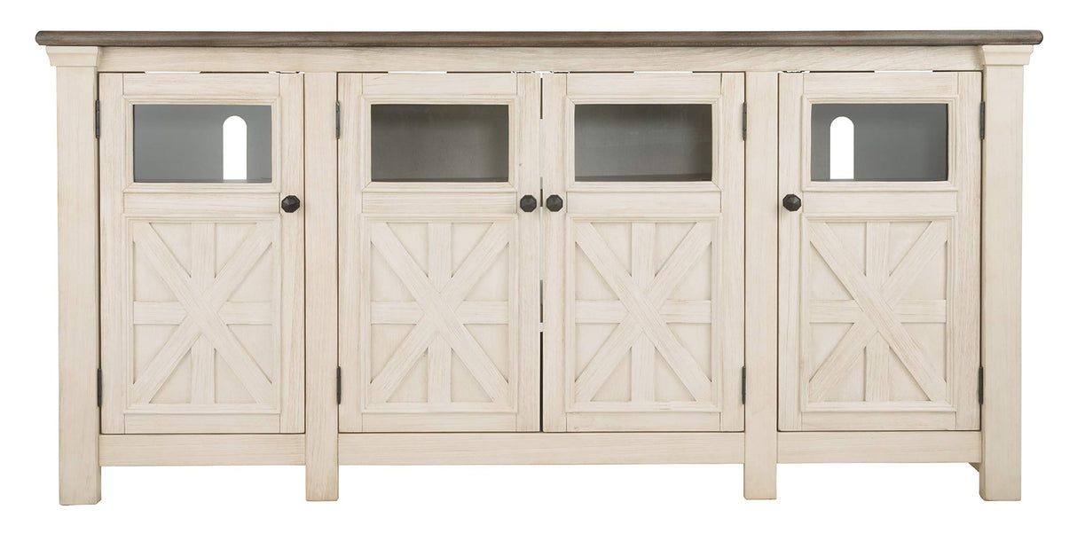 Signature Design by Ashley Bolanburg Two Tone Farmhouse TV Stand, Fits TVs up to 72", 3 Cabinets and Adjustable Storage Shelves, Whitewash Signature Design by Ashley