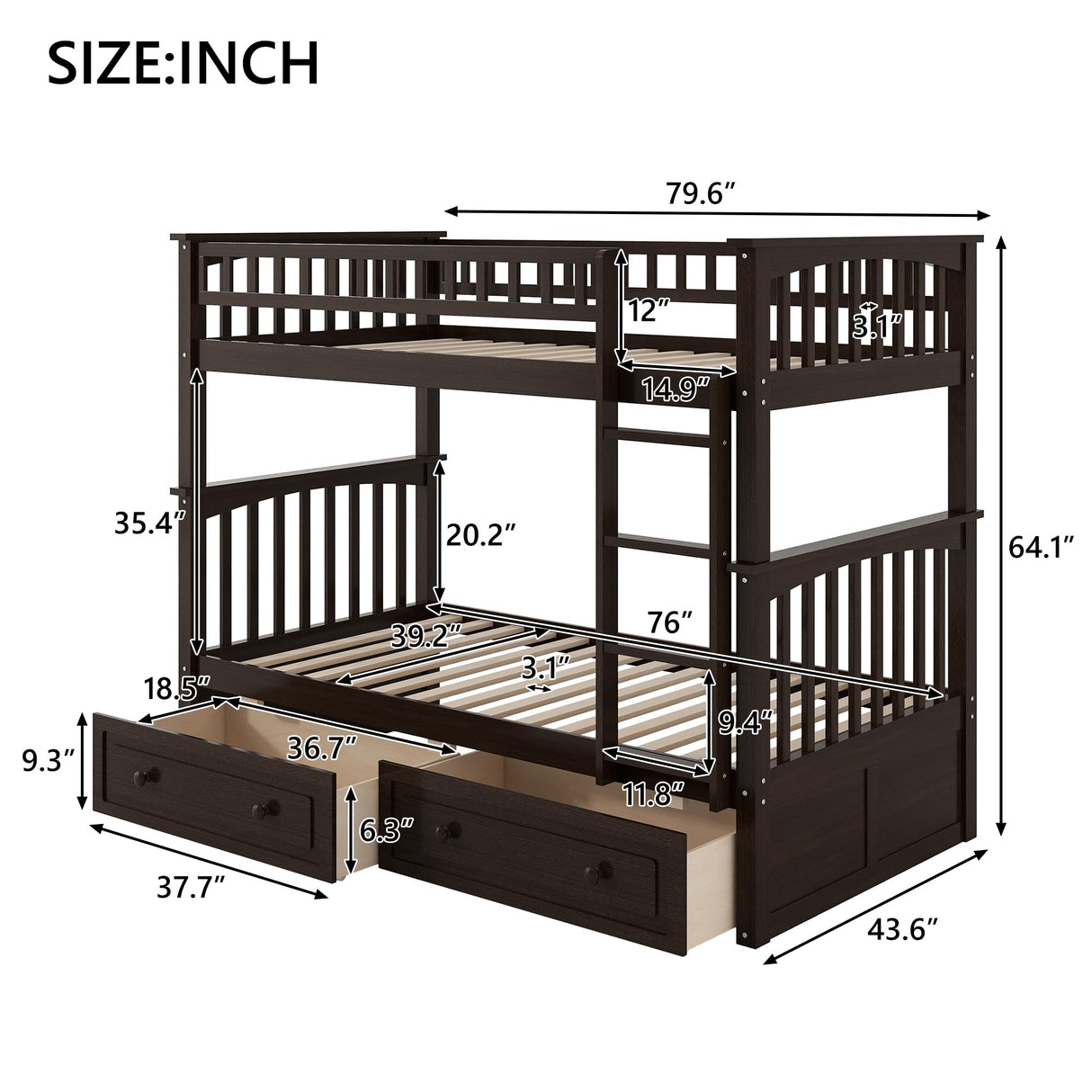 Linique Twin Over Twin Bunk Bed with 2 Drawers and Ladder,Multifunctional Wooden Bunk Bed with Full Length Guardlails and Ladder,Can be Separated into 2 Platform Beds,Espresso Linique