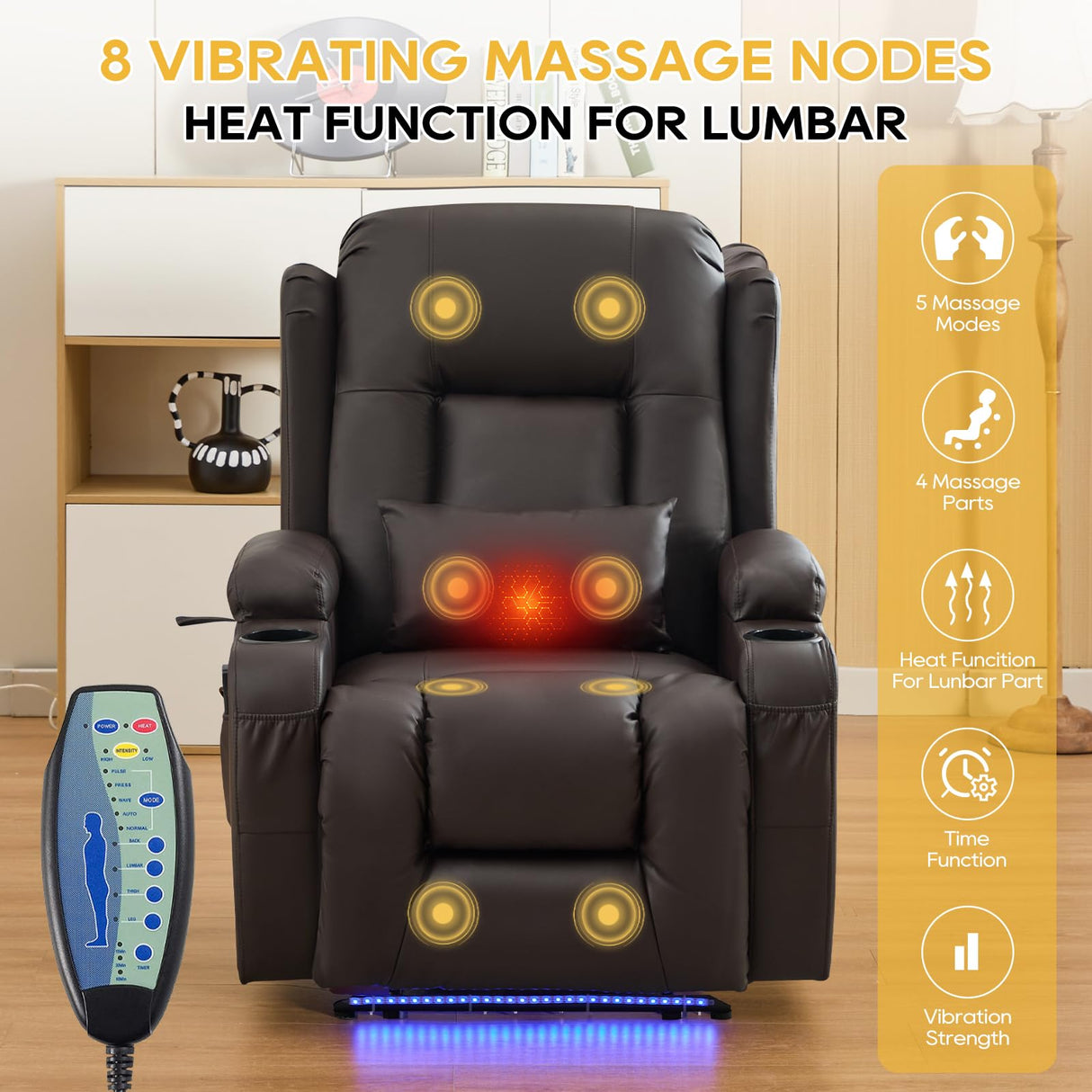 IPKIG Power Recliner Chair for Adults, Wall Hugger RV Recliners with LED Lights/USB Ports/Pillow/Side Pockets, Overstuffed Electric Recliner Sofa Chair for Living Room, Home Theater (1, Brown) IPKIG