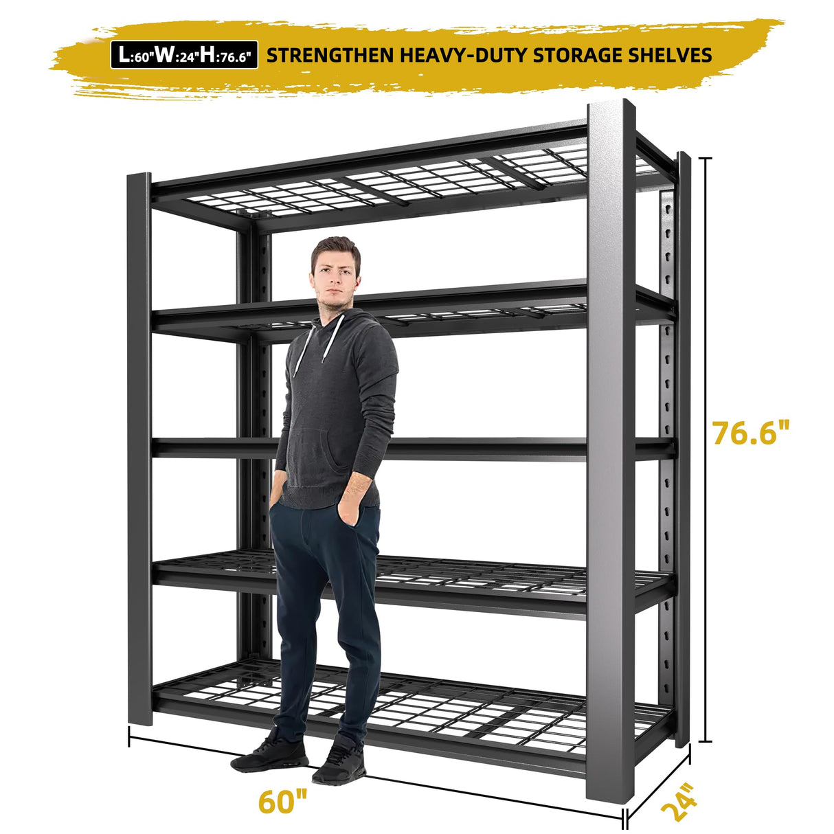 Heavy Duty Garage Shelving Unit with Wire Grid Shelves, 76.6" H x 60" W x 24" D, 5-Tier Adjustable Metal Shelving, Industrial Garage Storage Shelf for Heavy Duty Shelving, Storage Room, Basement-2Pack WOZBUD