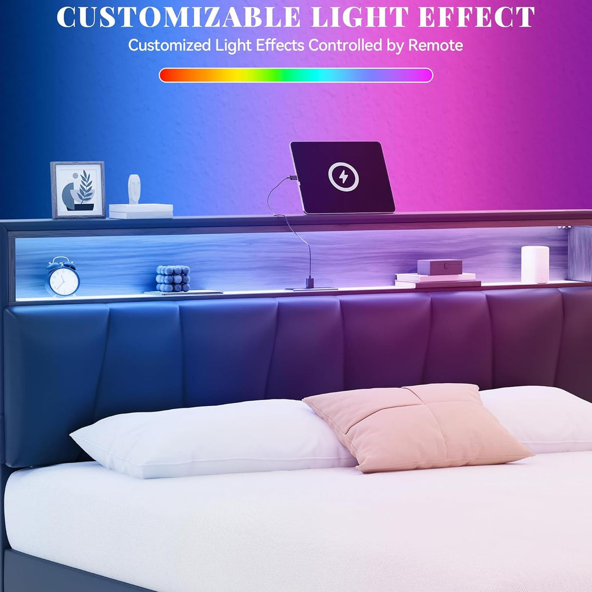 YITAHOME King Size Bed Frame, LED Bed Frame with Storage Upholstered Headboard, Platform Bed with Outlet & USB Ports, No Box Spring Needed, Easy Assembly, Black YITAHOME