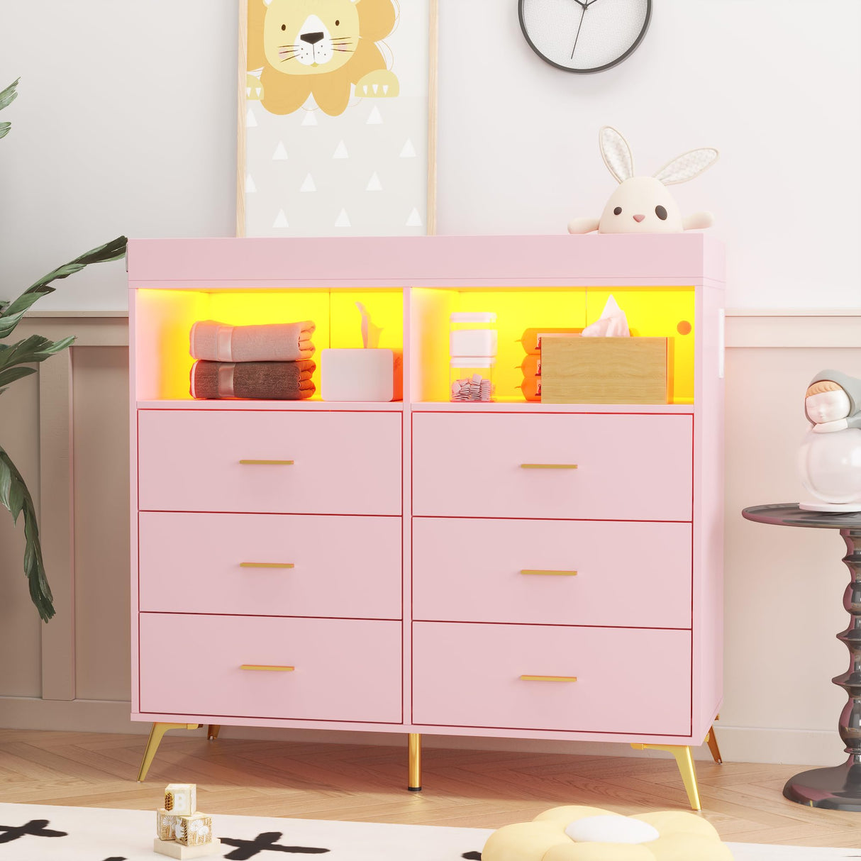 Patikuin Dresser for Bedroom with LED Lights and Power Outlet, Baby Changing Table Dresser with 6 Drawers, 2 Open Storage Shelves, Baby Dresser with Changing Table Top, Pink Patikuin