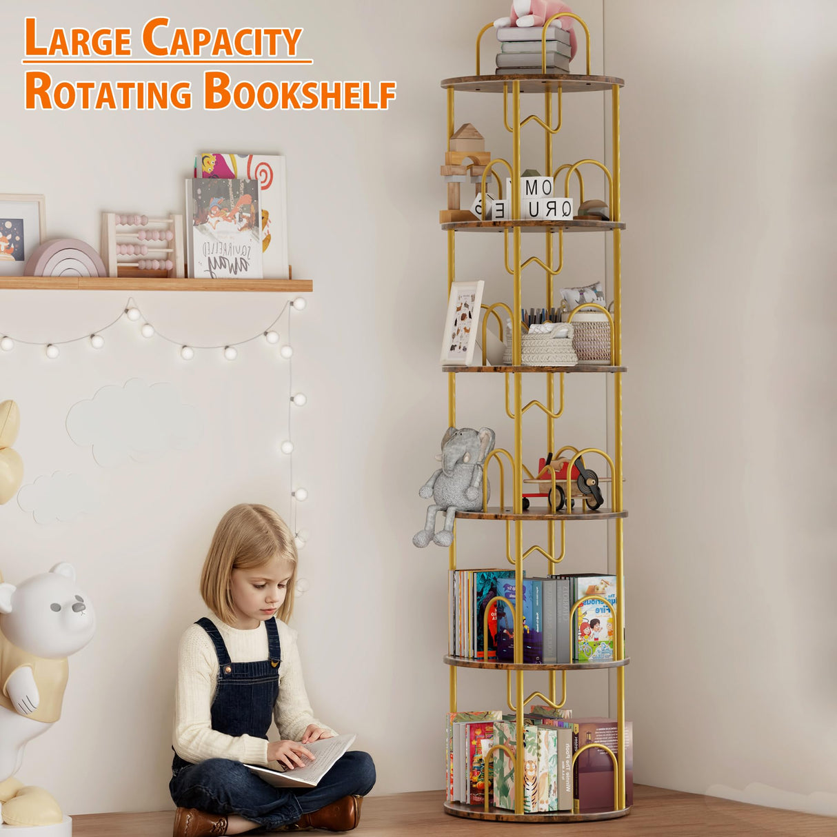 Merkisa 5 Tier Rotating Bookshelf, 360° Spinning Bookshelf Tower, Narrow Corner Book Shelf, Revolving Bookcase Corner Tall Book Shelf for Small Spaces, Bedroom, Living Room, Gold Merkisa