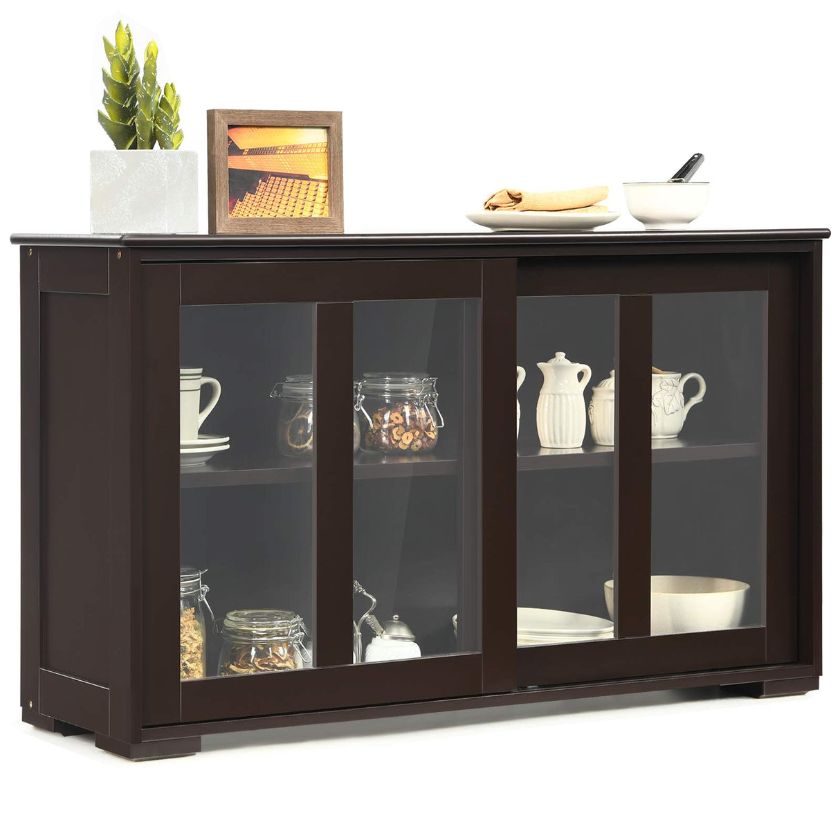 Costzon Sideboard Buffet Cabinet, Wooden Kitchen Storage Cabinet with Adjustable Shelf, Sliding Glass Doors, Accent Coffee Bar Cabinet Console Table for Living Room, Dining Room, Hallway (Coffee) Costzon