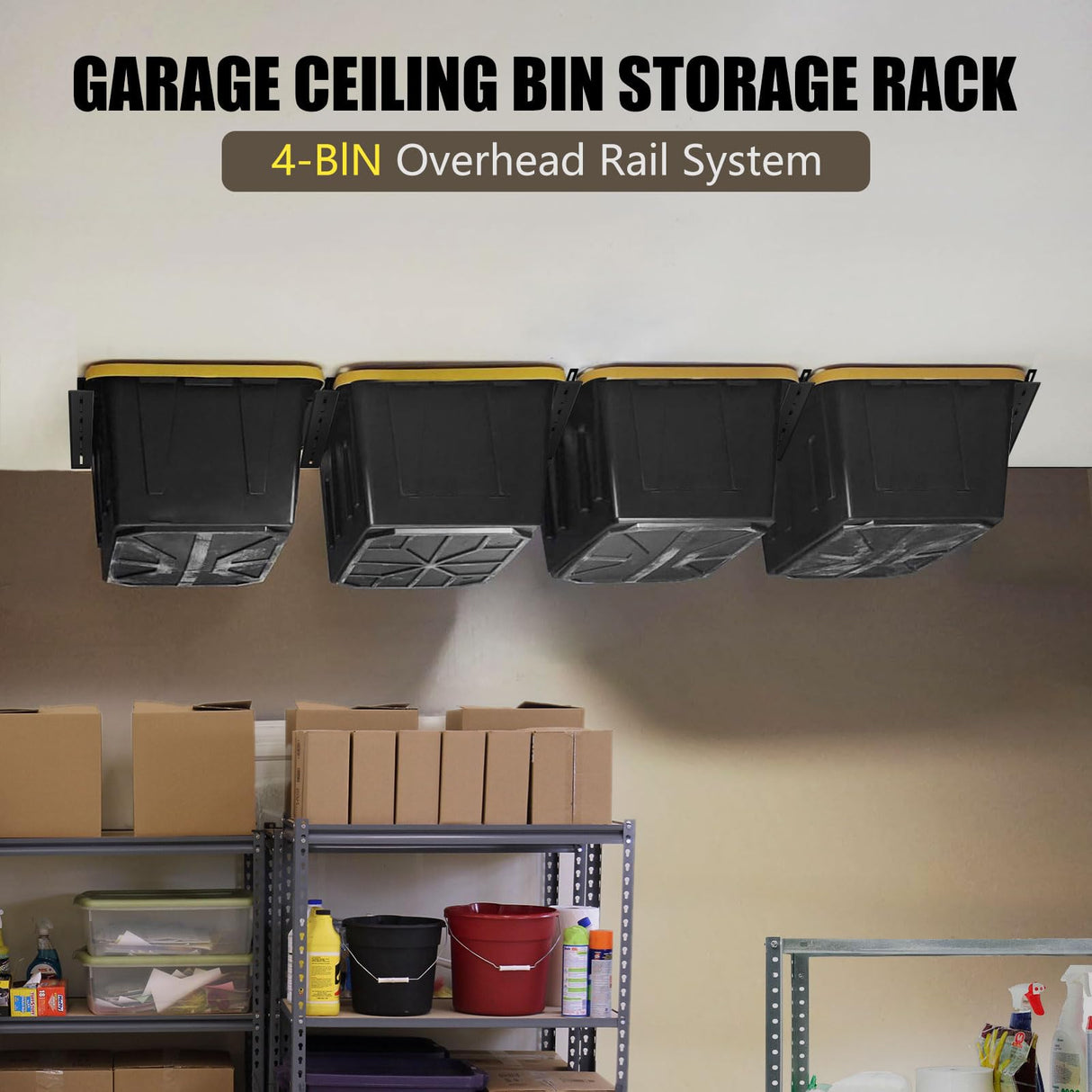 TOPTGO Overhead Garage Storage Rack,Garage Ceiling Storage Racks for Utility Bins,Overhead Tote Storage Rail System,Heavy Duty Ceiling Rack Storage Rails System Supports Most Bins(5 Pack for 4 Bins) TOPTGO