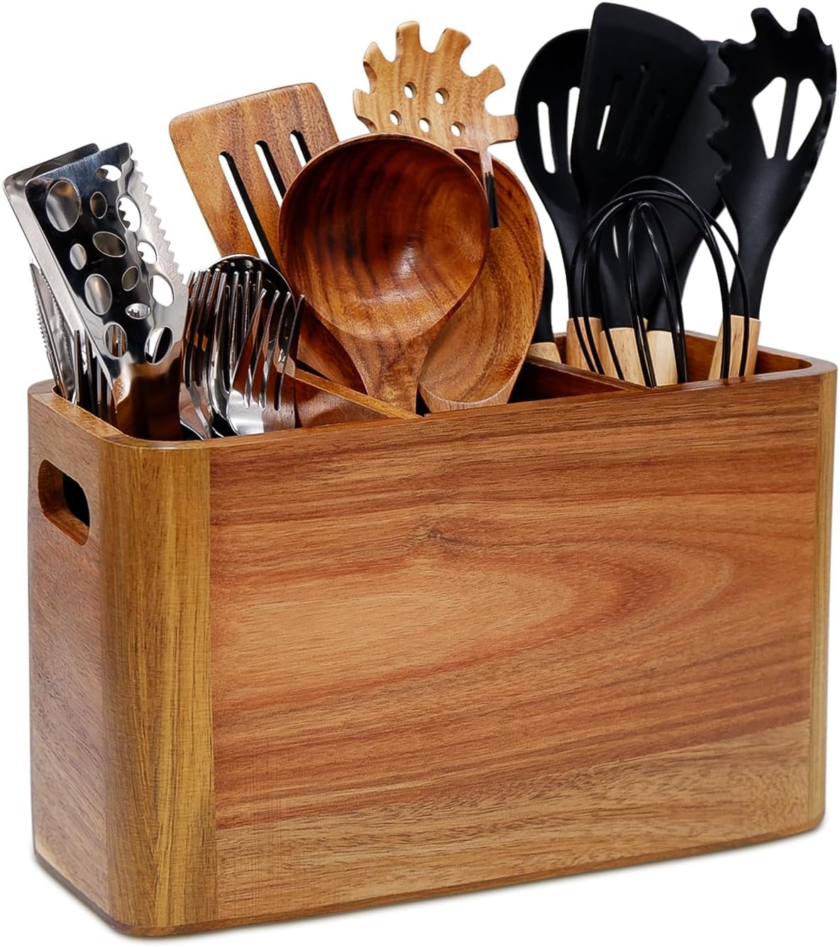 Wooden Kitchen Utensil Holder Organizer for Counter or Countertop, Large Wooden Utensil Holder for Storage Cooking and Silverware with 3 Compartment, Acacia Rustic Wood Container Extra Large Liberal Brightdeer