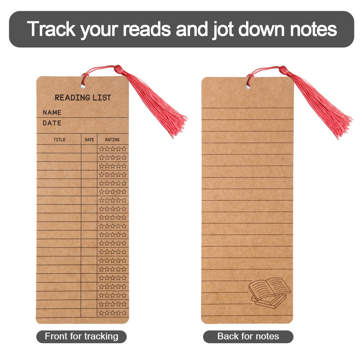 50 Pieces Reading List Bookmark with Tassels, 3 x 8 Inch Personal Libraries Cards 50 Pieces Tassels,Tracker Bookmarks Bookshelf Design Library Card Bookmark Reading Log Bookmark (Brown) KaloTidy
