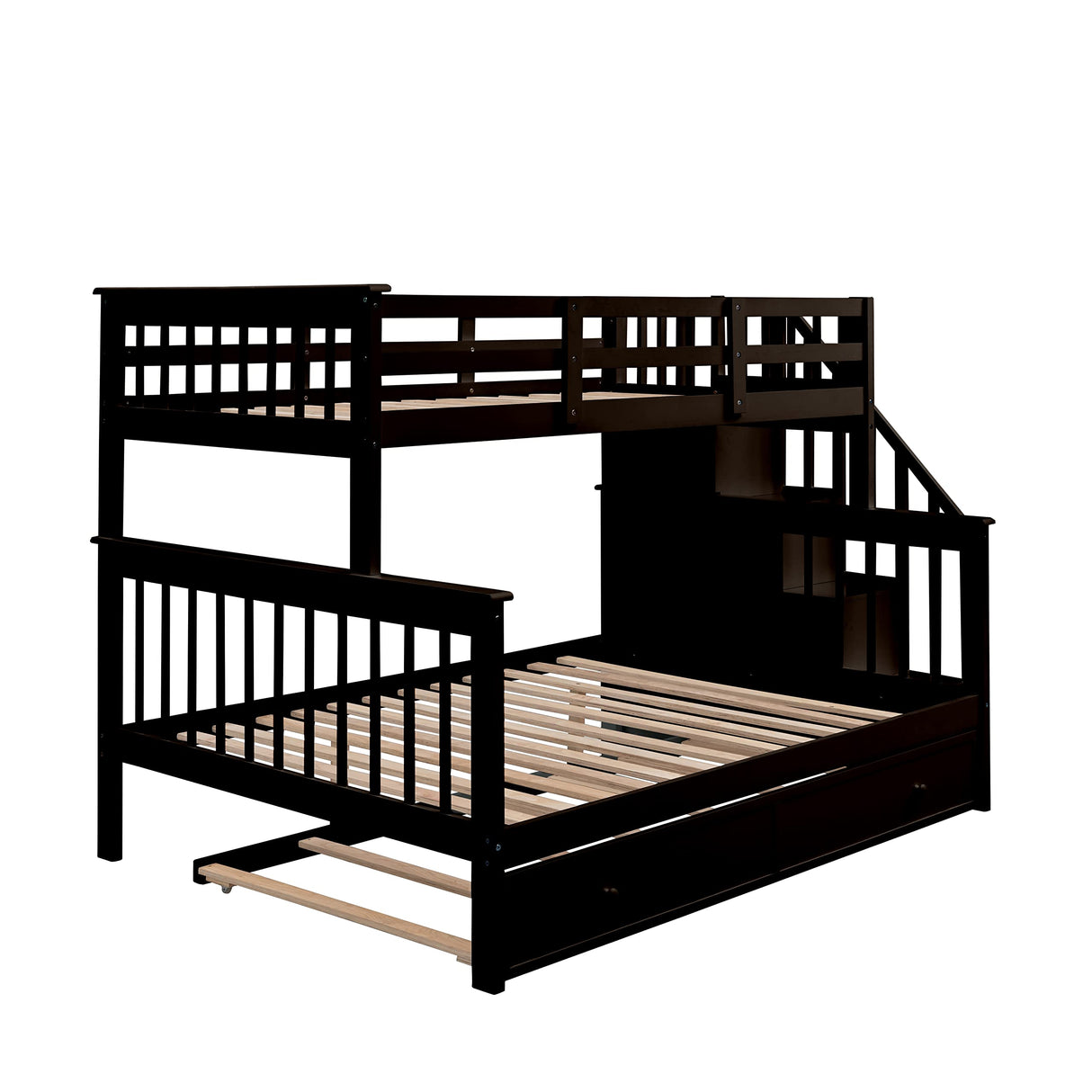 Merax Twin-Over-Full Stairway Bunk Bed with Trundle, Storage Staircase and Full Length Guardrail, Solid Wood Storage Bunk Bed with Trundle, No Spring Box Needed (Espresso) Merax