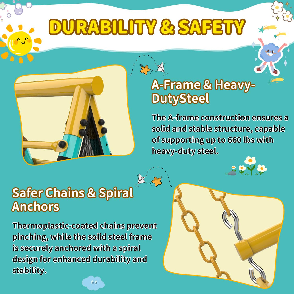 Jocoevol Swing Set for Backyard, Heavy-Duty Metal Swing Sets for Kids with 2 Swings, Climbing Ladder and Nets,Trapeze Bar, Soccer Goals and Basketball Hoop Up to 660lbs Jocoevol