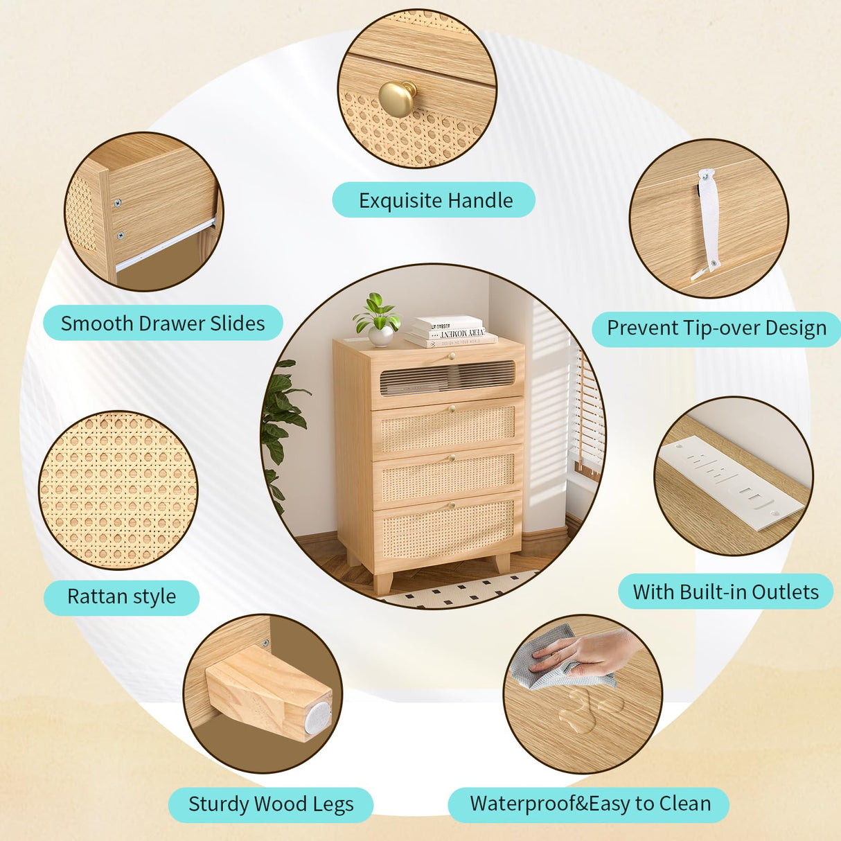 HPWLYO Rattan Dresser for Bedroom with LED Light, 4 Drawer Tall Rattan Dressers with Charging Station, Dressers Chests of Drawers,Bedroom Closet Dresser for Bedroom, Hallway,Entryway HPWLYO