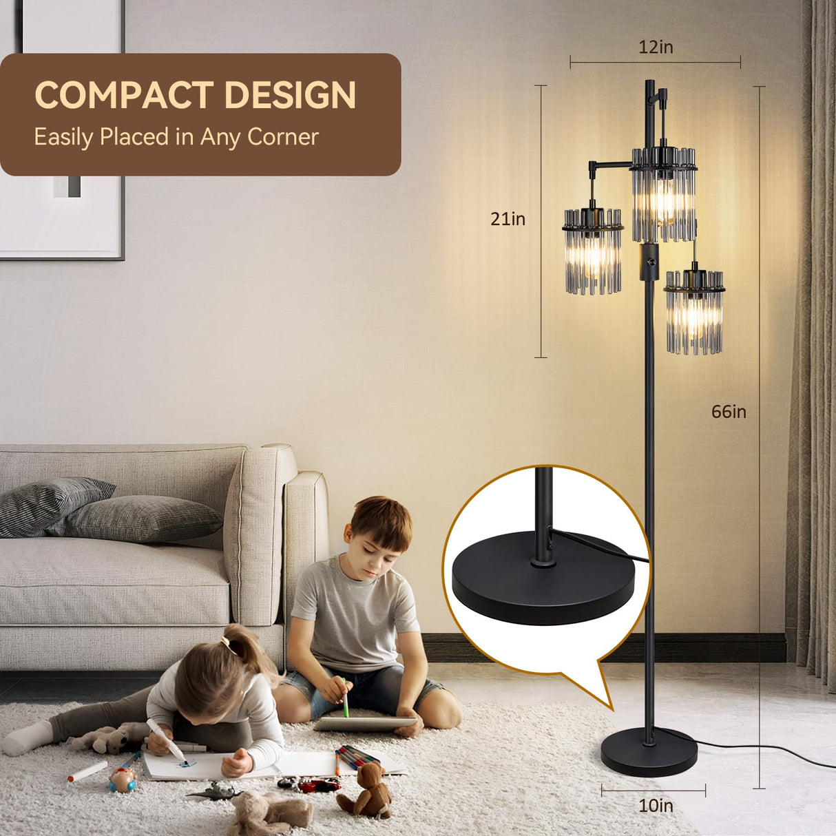 VOUTOORO Industrial Modern Floor Lamps for Living Room, Dimmable Glass Tree Standing Tall Lamps with 3 Elegant Teardrop Cage Head & 800 Lumens LED Bulbs for Bedroom Office (66inch Tall) VOUTOORO