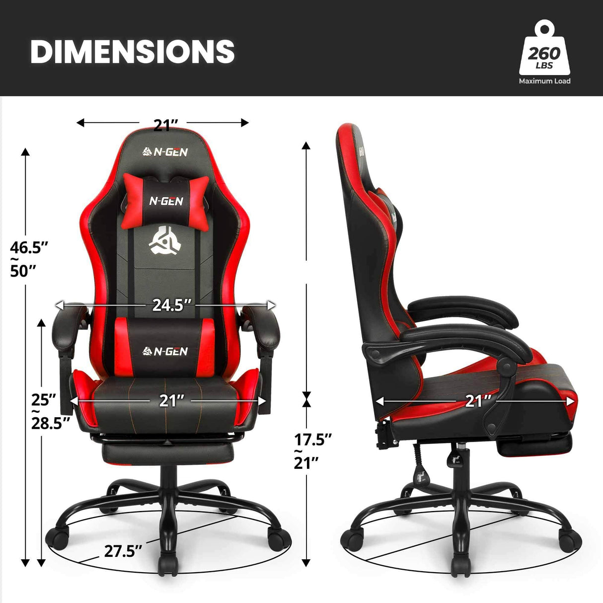 N-GEN GAMING Video Gaming Chair with Footrest High Back Ergonomic Comfortable Office Computer Desk with Lumbar Support Height Adjustable with PU Leather Recliner for Adults Women Men (Red) N-GEN GAMING