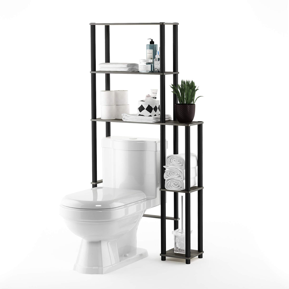 Furinno Turn-N-Tube Over The Toilet Storage, 5 Shelves Bathroom Organizer Space Saver Rack, French Oak Grey/Black Furinno