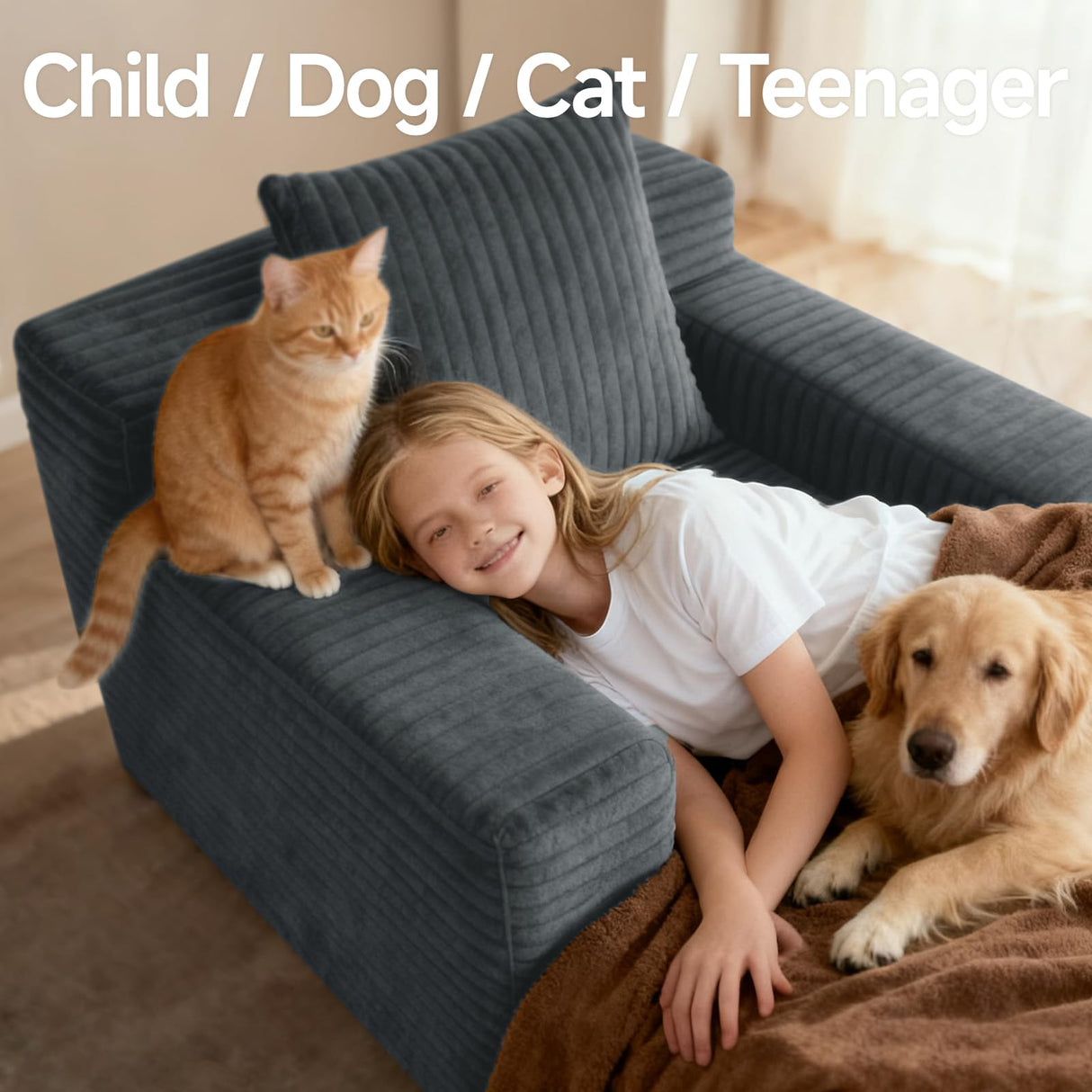 45'' Chaise Lounge Chair Indoor, Corduroy Upholstered Boneless Sofa Bed, Deep Seat Sleeper Couch Reading Chairs, Small Comfy Cloud Sofas Couches for Living Room, Bedroom, Movie Room (Dark Grey) Sonovafurn