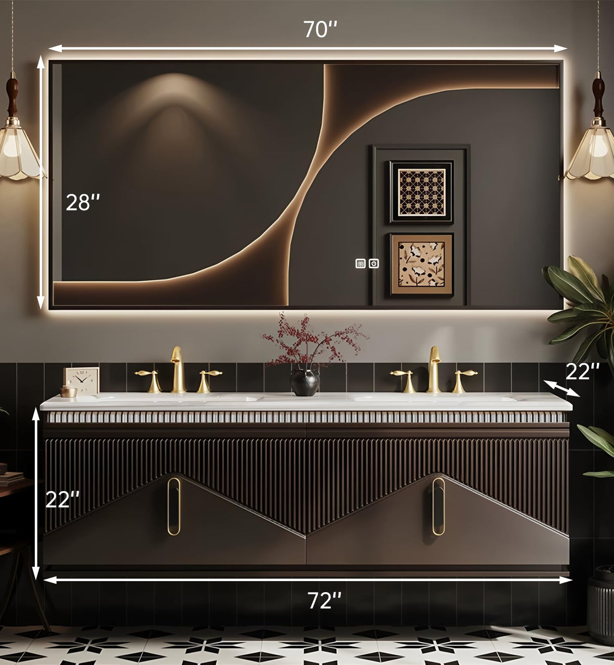 LUTHXAY Double Sinks Bathroom Vanity, 72 Inch Floating Bathroom Cabinet with One-Piece Top & Drawers, Wall Mount Bath Vanities with LED Smart Defog Mirror, Modern Luxurious Solid Wood Vanity(Brown) LUTHXAY