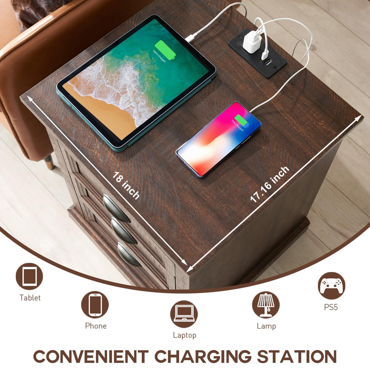 IFGET Farmhouse Nightstand with Charging Station, 3 Drawer Dresser for Bedroom, Rustic Wood Bedside Table with Drawers, Small End Table Side Table for Living Room, Closet, Hallway, Brown IFGET