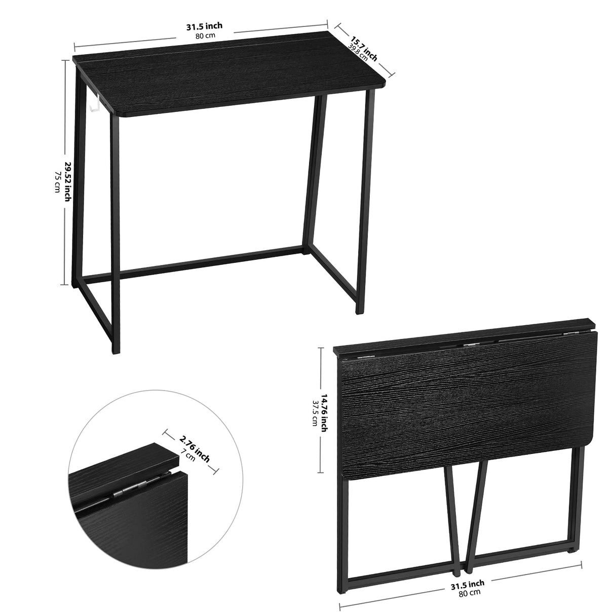 WOHOMO Folding Computer Desk, Small Writing Foldable Desk 31.5", Space-Saving Laptop Table, Easy Assemble Workstation for Home Office,Black WOHOMO