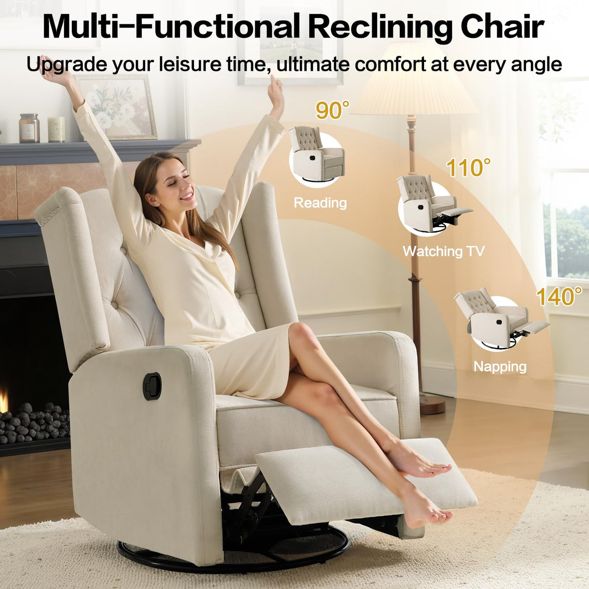 ABAKAN Swivel Rocker Recliner Chair, 360 Degree Nursery Rocking Recliner, Linen Glider Chair with Button Tufted Wingback Chair, for Living Room, Bedroom,Ash Beige ABAKAN