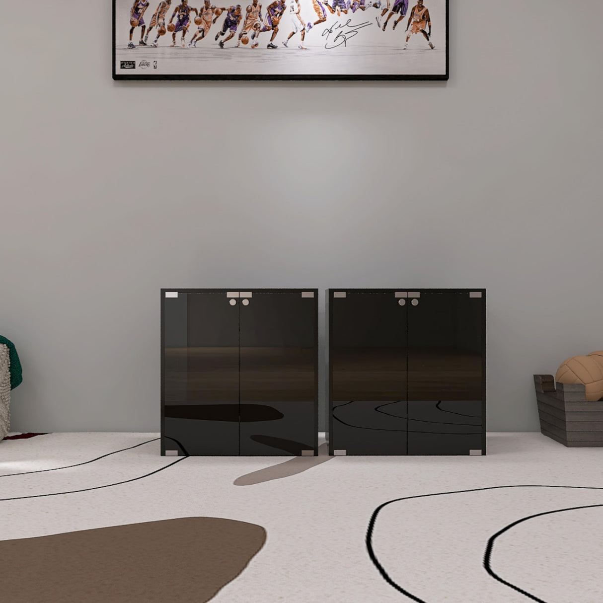 FUQIAOTEC 4 Layers LED Shoe Storage Box, Black Shoe Cabinet with Glass Doors and LED Lights, Wooden Display Shoe Box Suitable for Collection, Can be Remotely Controlled FUQIAOTEC