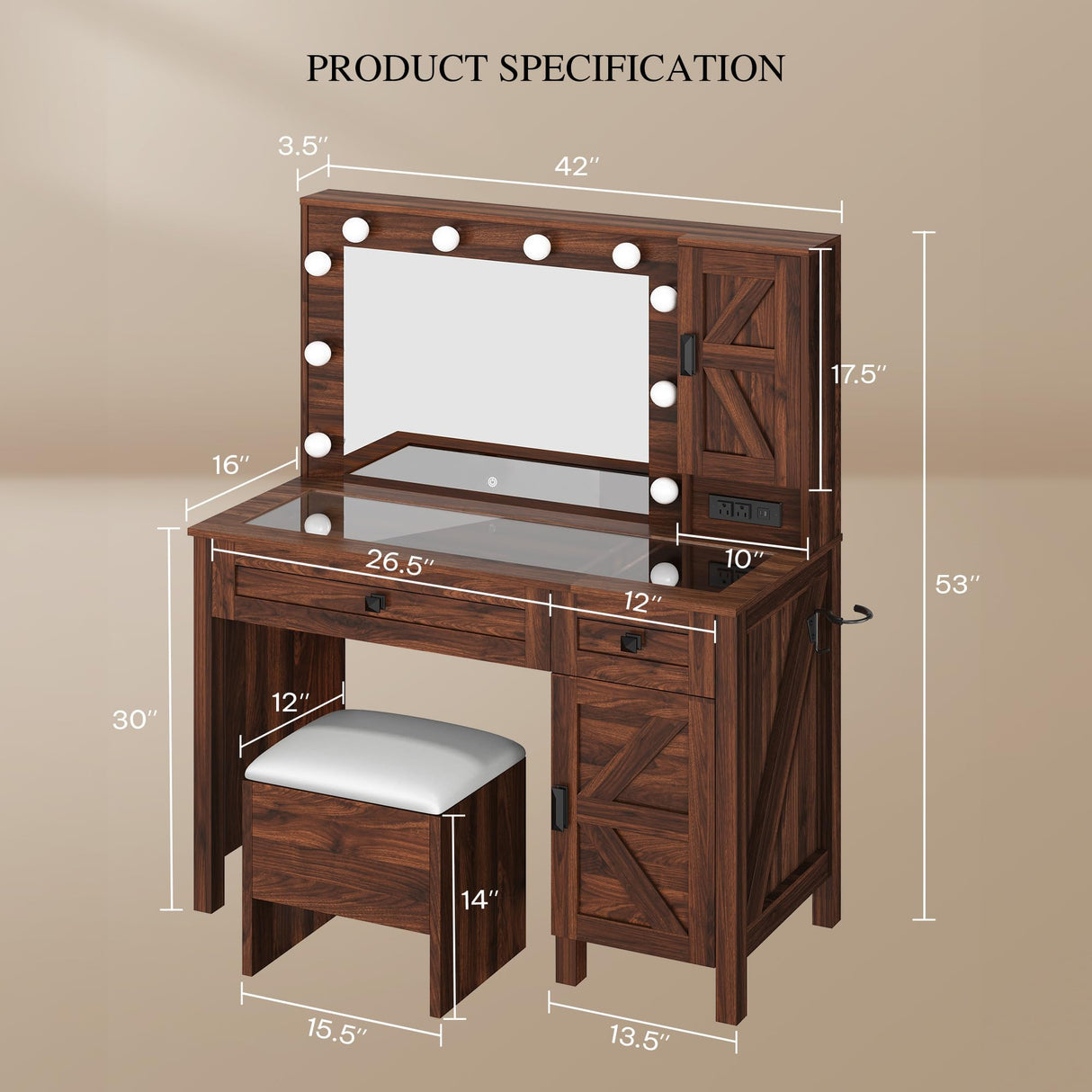 YITAHOME Farmhouse Vanity Makeup Desk with Charging Station, Large Vanity Desk with Lights Mirror and Drawers for Makeup, Modern Vanity Table Set with Vanity Stool for Bedroom, Rustic Brown YITAHOME