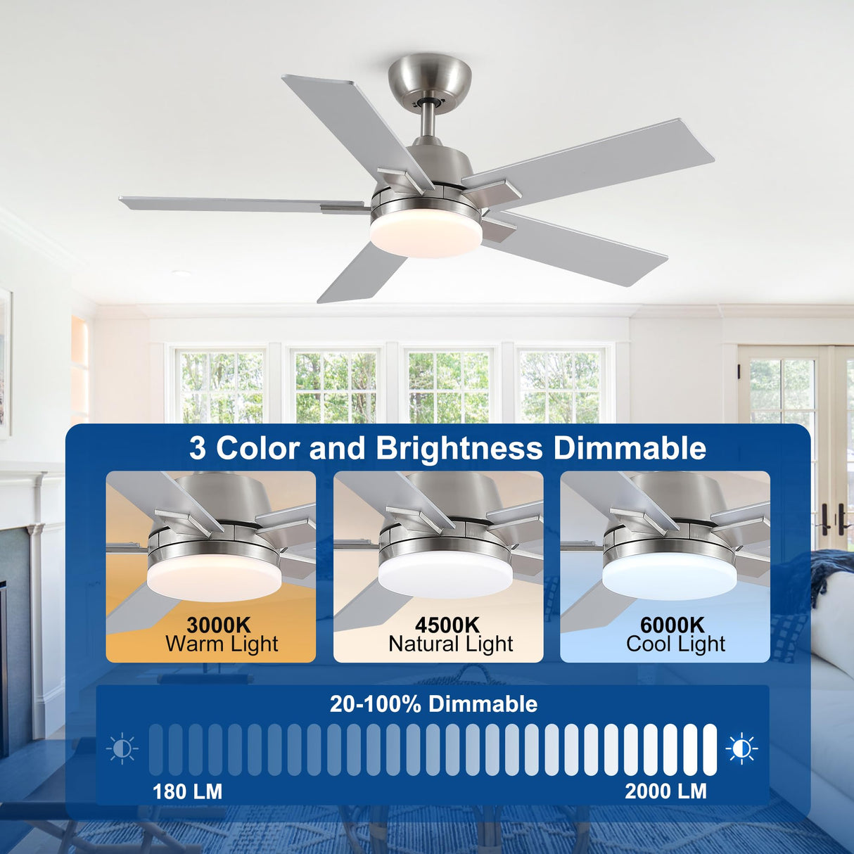 42 Inch Ceiling Fans with Lights and Remote, Brushed Nickel Ceiling Fan, 6 Speed Reversible DC Motor, 3CCT Dimmable LED, Modern Design for Bedroom, Living Room & Covered Outdoor,Includes Downrod Rayqueen