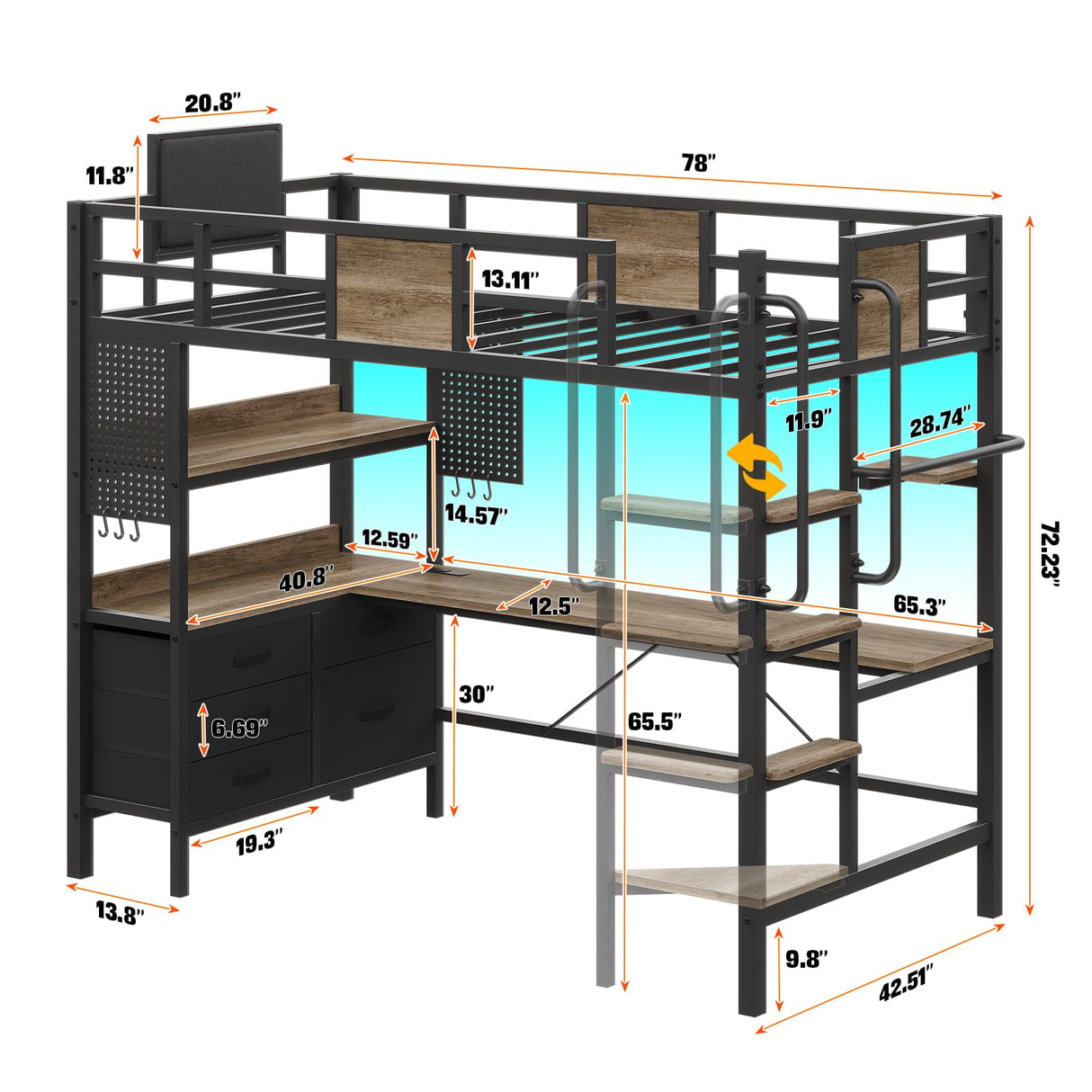 busyaeh Twin Size Loft Bed with L-Shaped Desk and Storage, Bunk Bed with Desk Underneath Drawers, Metal Twin Loft with Clothes Rail, Safety Guard & Stairs, LED Lights, Charging Station, Oak Gray busyaeh