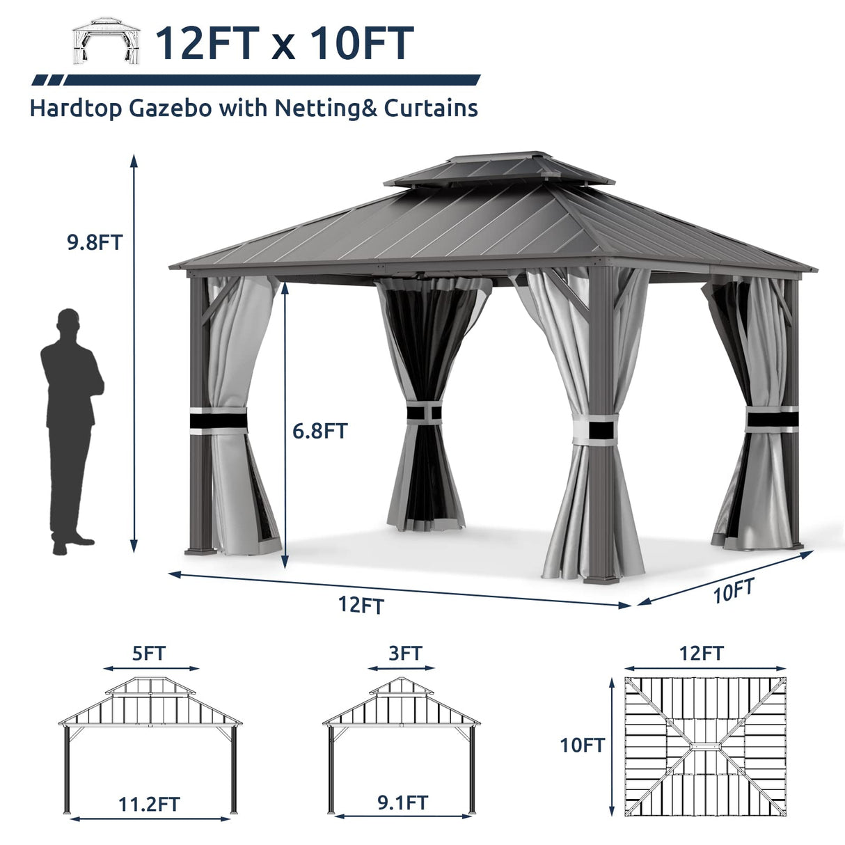 UDPATIO 10' x 12' Hardtop Gazebo, Galvanized Steel Double Roof Permanent Aluminum Gazebo, Outdoor Metal Pergolas with Mosquito Netting and Curtains for Garden, Parties, Patio, Deck, Lawns, Grey UDPATIO