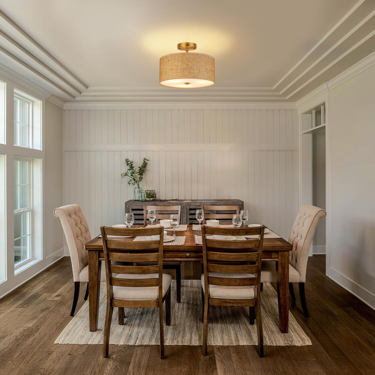 CLARSYNE 13" Woven Rattan Boho Ceiling Light Fixture, 3-Light Modern Semi Flush Mount Lamp with Drum Fabric Shade, Rustic Brown Lighting for Bedroom, Dining Room, Living Room, Hallway, Entryway CLARSYNE