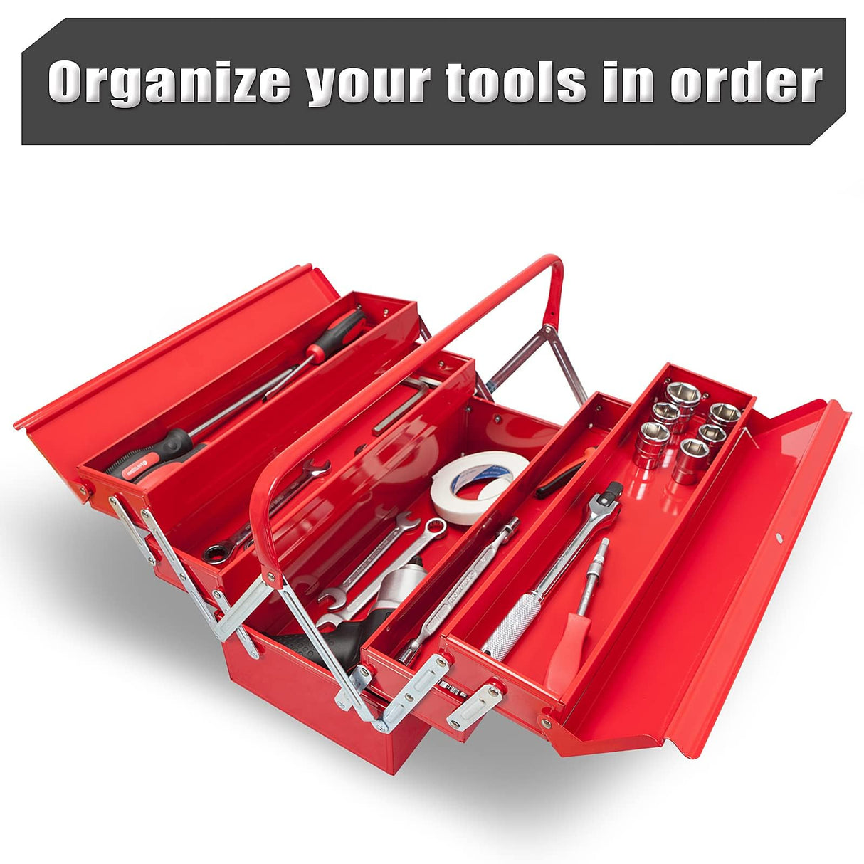 TCE ANTBC-128U-1 Torin 18" Metal Tool Box, Portable Steel Tool Cabinet with 5 Cantilever Tool Trays, Red TCE