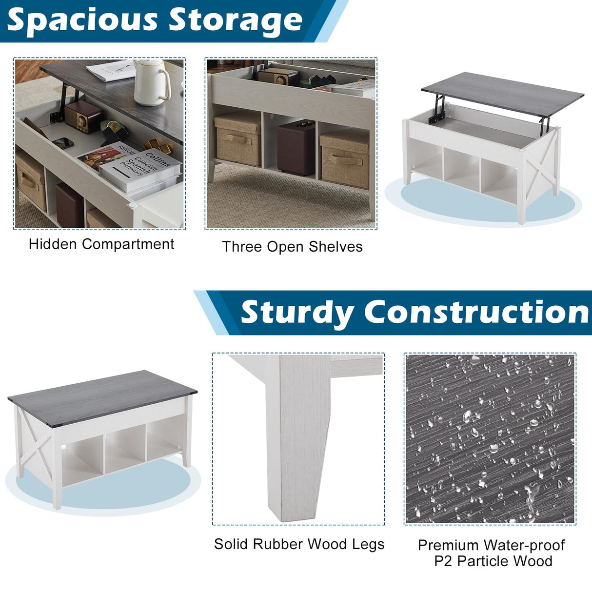 VINGLI Lift Top Coffee Table, Charcoal Top with White Frame, Farmhouse Cross-Sided Design, with Storage Shelf/Hidden Compartment, Gas Lift Mesa De Centro para Sala Pop Up Coffee Table VINGLI