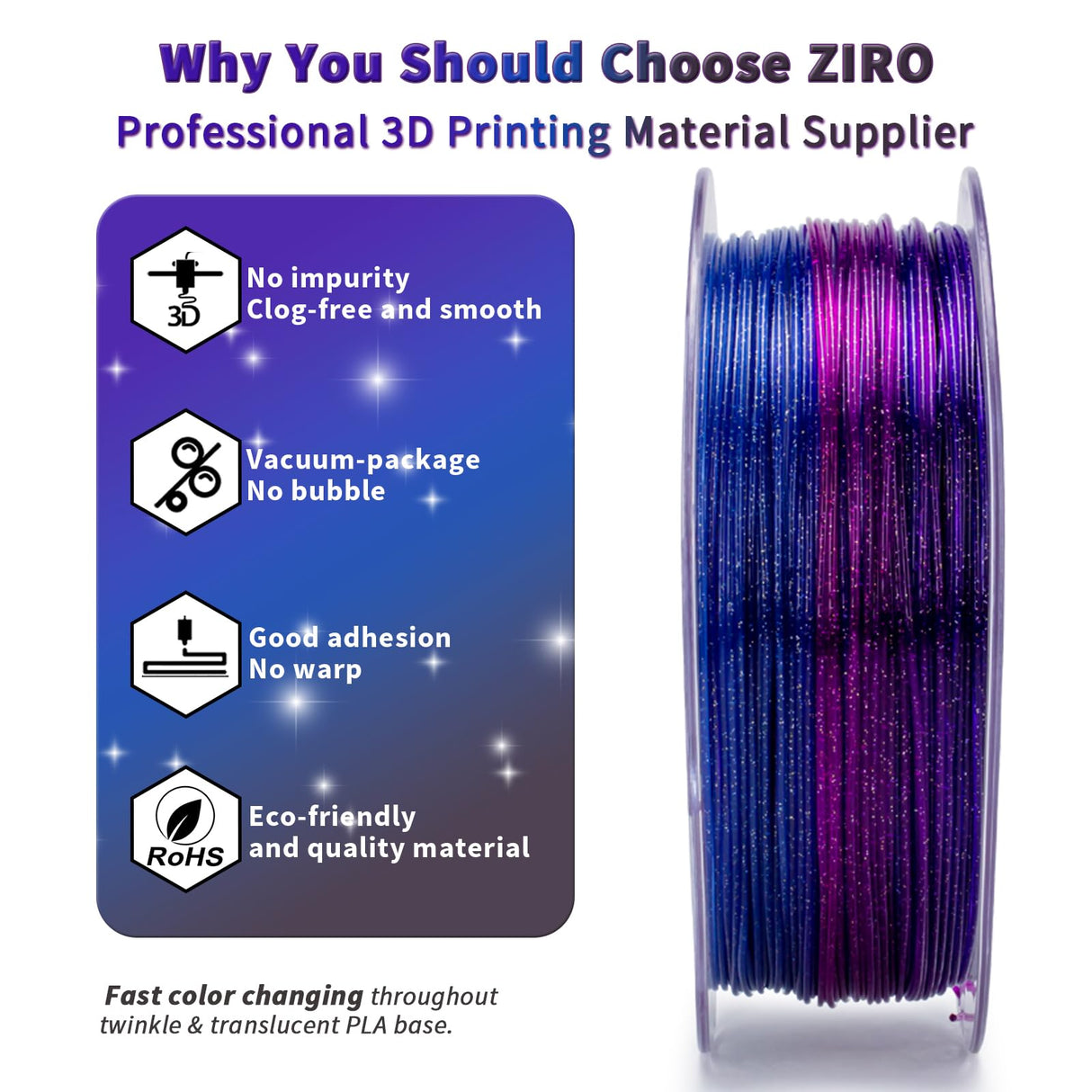 ZIRO Fast Color Changing Twinkling PLA, 1.75mm Filament, Sparkle Glitter with Colorful Transluent PLA, 3D Printing Material,1kg Spool, Dimensional Accuracy +/-0.03mm, Galaxy ZIRO