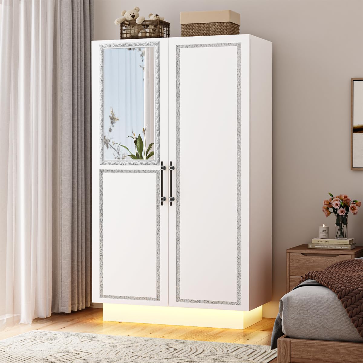 Lihimte 70" Armoire Wardrobe with Mirror Doors and LED Lights, 2 Doors Closet with Hanging Rod and Shelves, Large Capacity Wooden Storage Cabinet for Home, Bedroom, Office, Laundry Room, White Lihimte