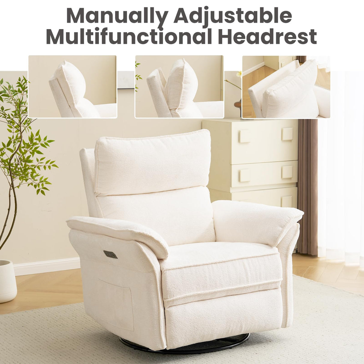 Oversized Power Recliner Chairs for Adults with Massage and Heat, Power Swivel Rocker Recliner Chair with Adjustable Headrest, 26" Extra Wide Rocker Nursery Recliner with USB Port, White RUTOX