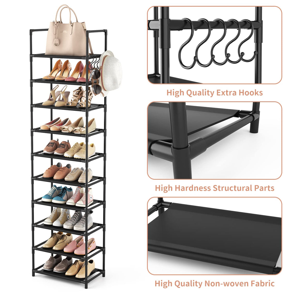 LANTEFUL 10 Tiers Tall Shoe Rack 20-25 Pairs Boots Organizer Storage Sturdy Narrow Shoe Shelf for Entryway, Closets with Hooks, Black LANTEFUL