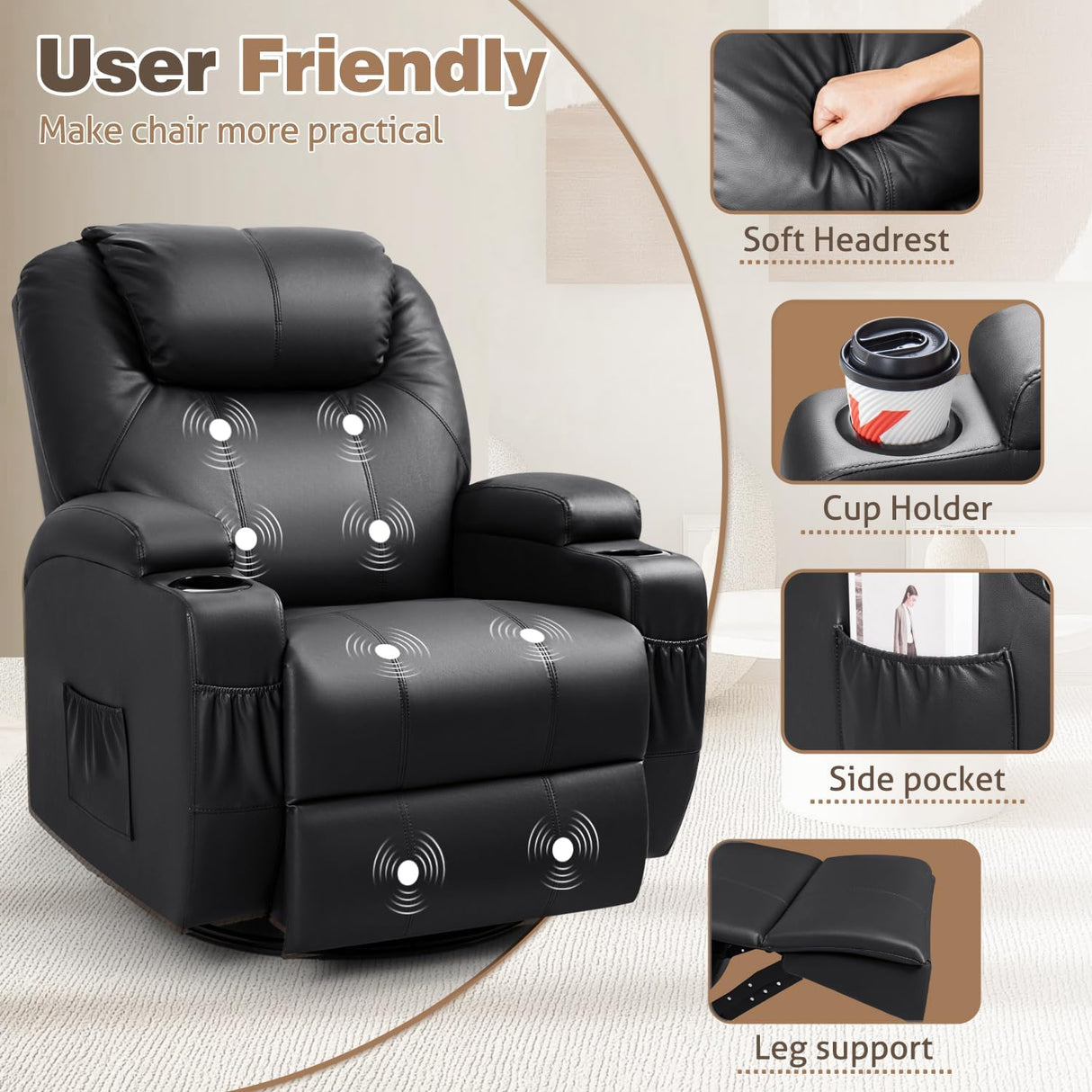Recliner Chair, 360° Swivel Rocker Chair for Adults, Rocking Recliner Chair with Massage, Comfy Single Sofa with Side Pockets Cup Holders for Living Room, Bedroom, Nursery (Leather, Black) Furmax