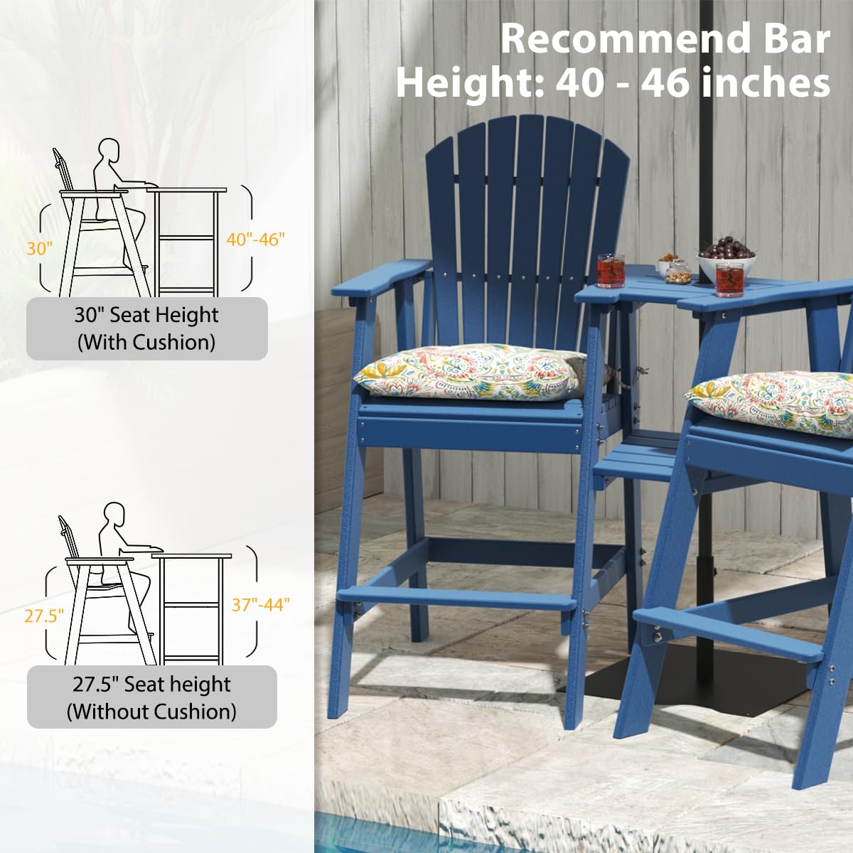 Sundale Outdoor Tall Adirondack Bar Set, Patio Umbrella Table and Bar Chairs Set of 2, 3 Pieces Counter Height Dining Bistro Set, Pub Table with HDPE Stools, 2 Umbrella Hole Caps, Navy Blue Sundale Outdoor