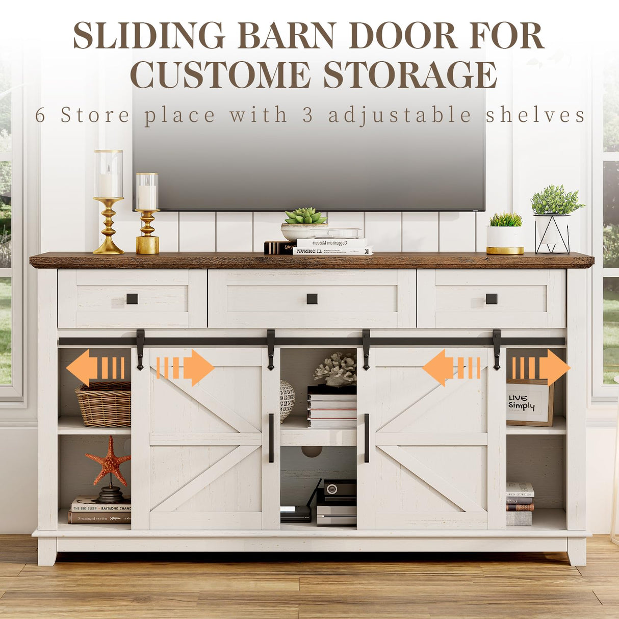 LUXOAK Farmhouse TV Stand with Sliding Barn Door & Drawer, 59" Rustic Entertainment Center for TVs up to 65", Buffet Storage Cabinet for Living Room, Bedroom, Dinning Room, White+Barnwood LUXOAK
