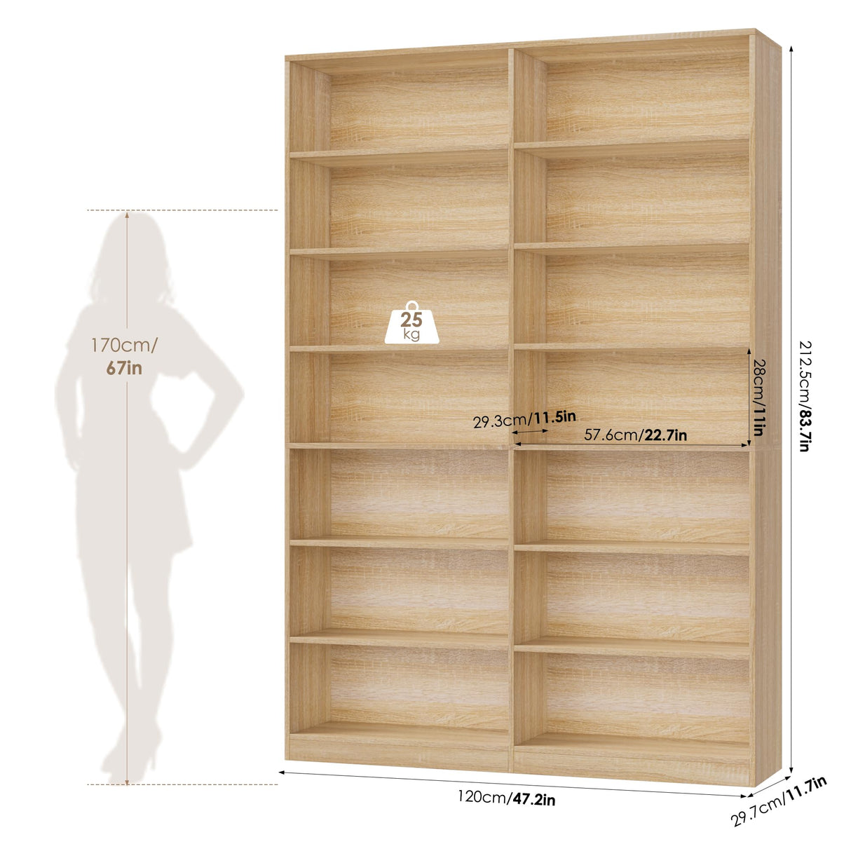 FACBOTALL 83.6" Tall Bookshelf and Bookcase, 7-Tier Extra Large Bookshelf with Double Storage, 14 Open Display Shelves for Home Office, Study and Living Room, Light Oak FACBOTALL