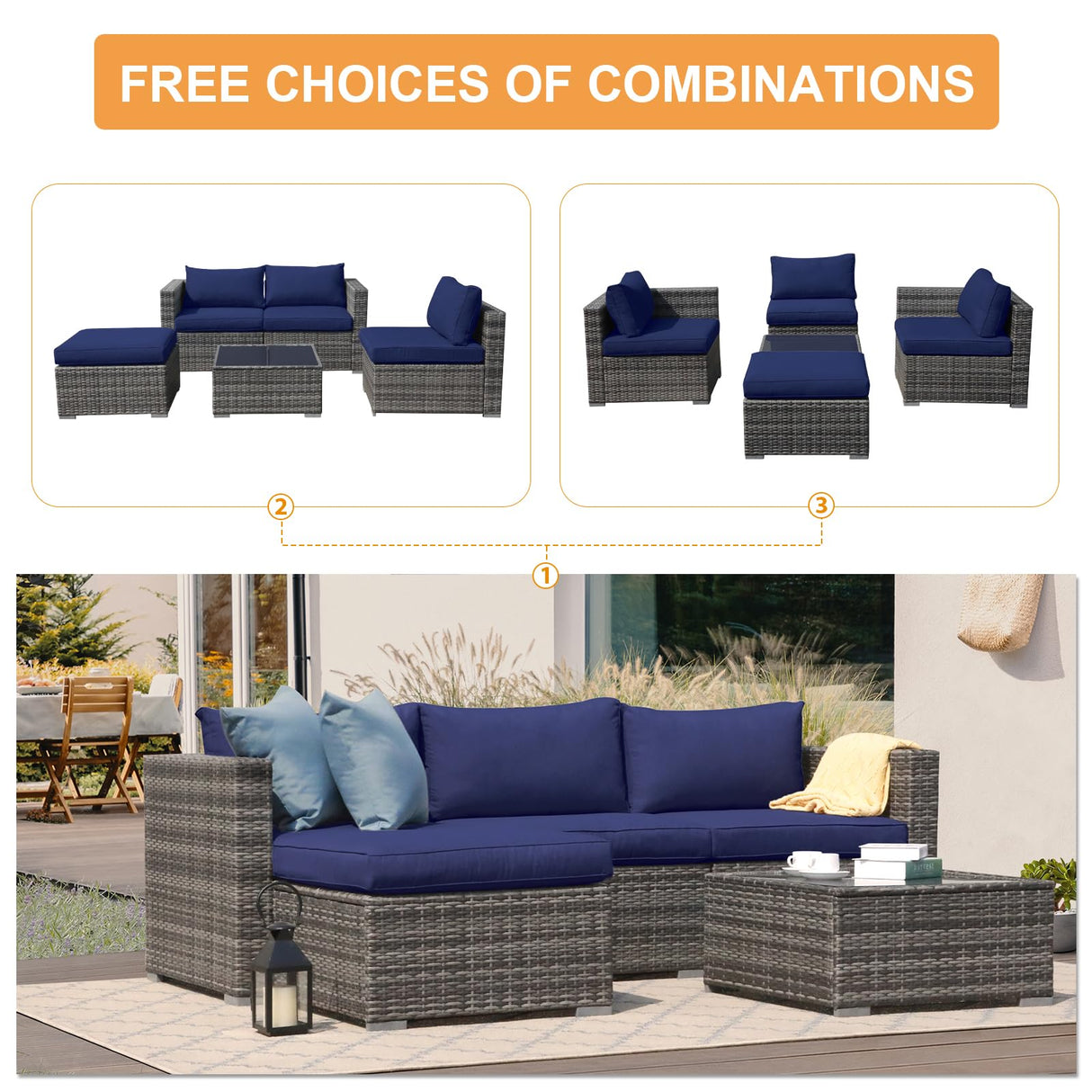 Super Patio Outdoor Patio Furniture Set, 5 Piece PE Wicker Outdoor Sectional Sofa Set, Rattan Patio Conversation Set with Cushions and Coffee Table for Garden, Backyard, Porch, Navy Blue Super Patio