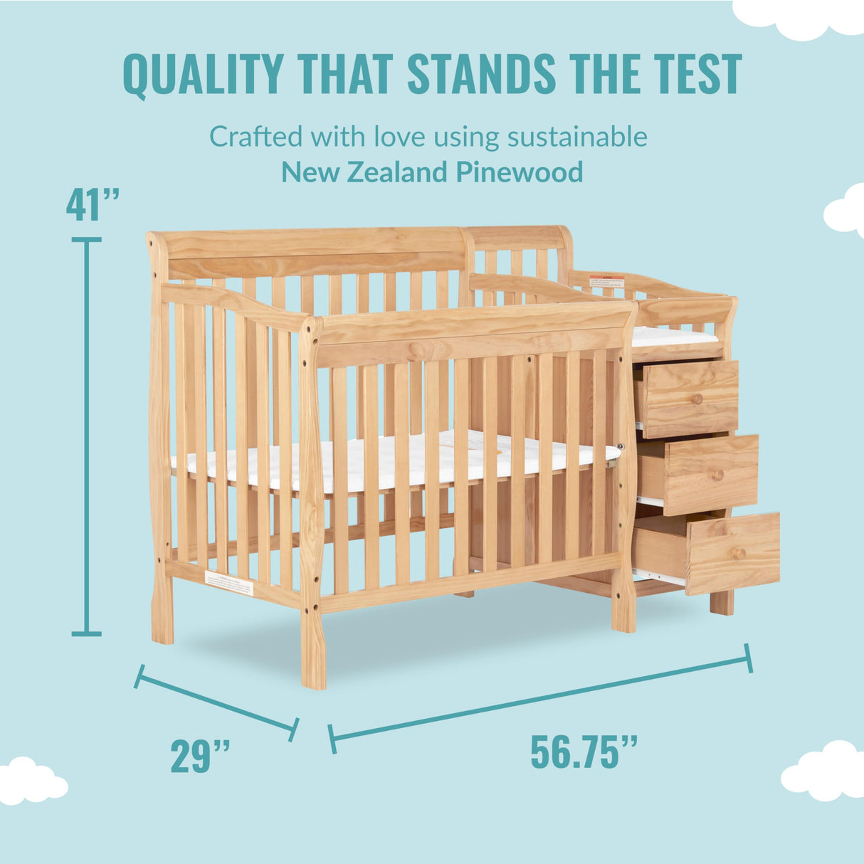 Dream On Me Jayden 4-in-1 Mini Convertible Crib And Changer in Natural, Greenguard Gold Certified, Non-Toxic Finish, New Zealand Pinewood, 1" Mattress Pad Dream On Me